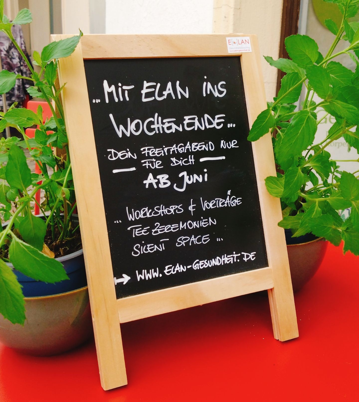 Tafel mit Werbung für Mit ELAN ins Wochenende
